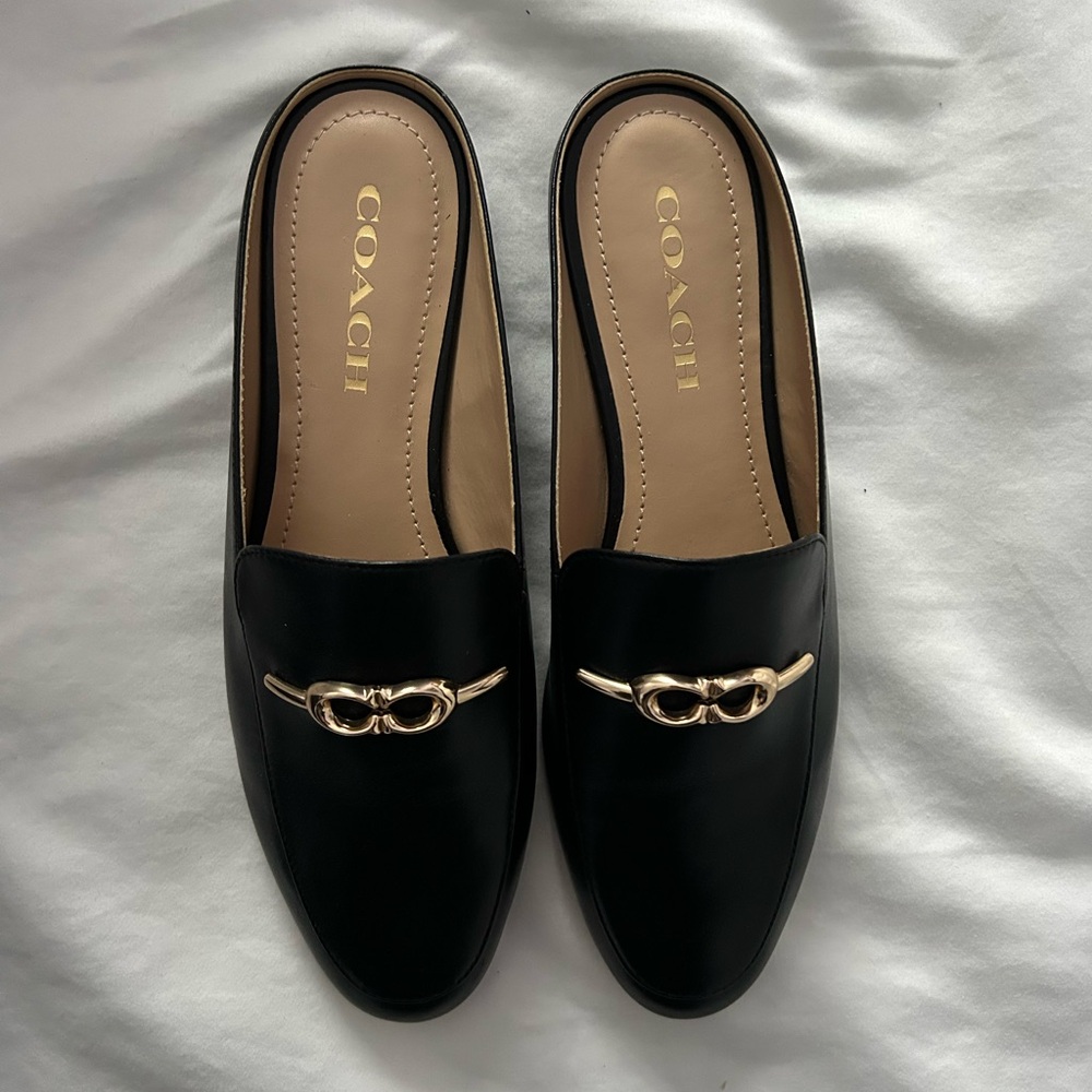COACH Sienna Leather Slide Loafer Shoes Mule Black Gold Women's size 7.5 | NWT